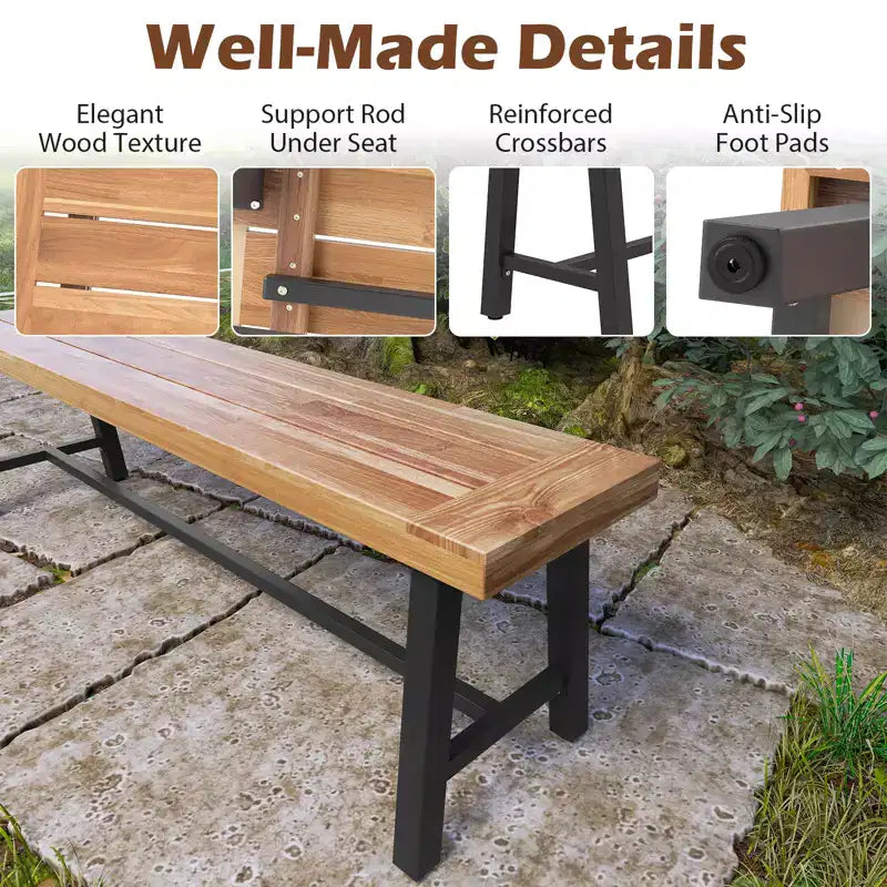 Costway Banc de patio de 1/2 places de 160 cm, long banc de salle à manger en bois d'acacia avec pieds en métal robustes