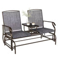 2-Person Outdoor Patio Glider Bench with Center Table Mesh Fabric Rocking Chair Grey