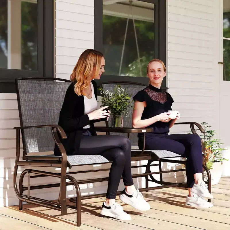 Banc planeur de patio extérieur 2 places avec table centrale, tissu en maille, chaise à bascule, gris