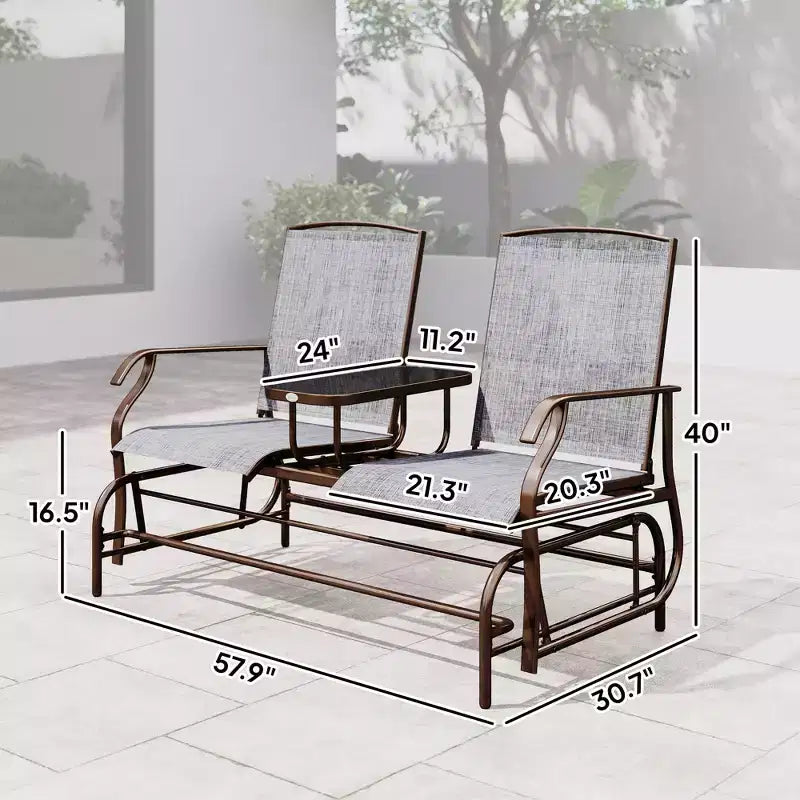 Banc planeur de patio extérieur 2 places avec table centrale, tissu en maille, chaise à bascule, gris