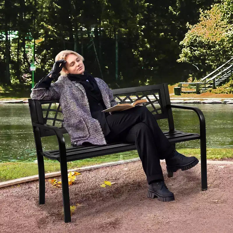 Banc de jardin en métal de 117 cm avec dossier et accoudoirs, capacité de 218 kg