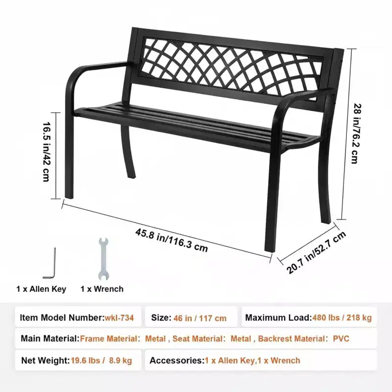 Banc de jardin en métal de 117 cm avec dossier et accoudoirs, capacité de 218 kg
