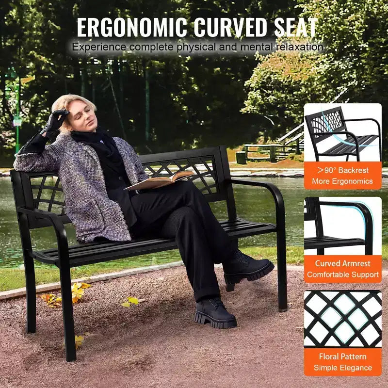 Banc de jardin en métal de 117 cm avec dossier et accoudoirs, capacité de 218 kg