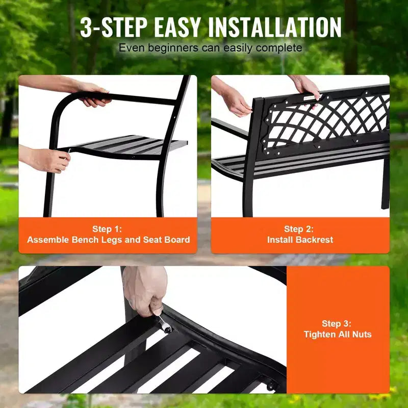 Banc de jardin en métal de 117 cm avec dossier et accoudoirs, capacité de 218 kg