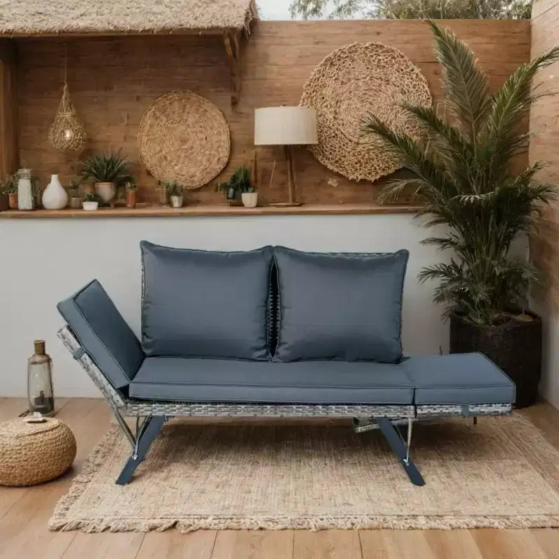 Banc extérieur pliable GDFStudio Duri moderne en acier et osier avec coussin