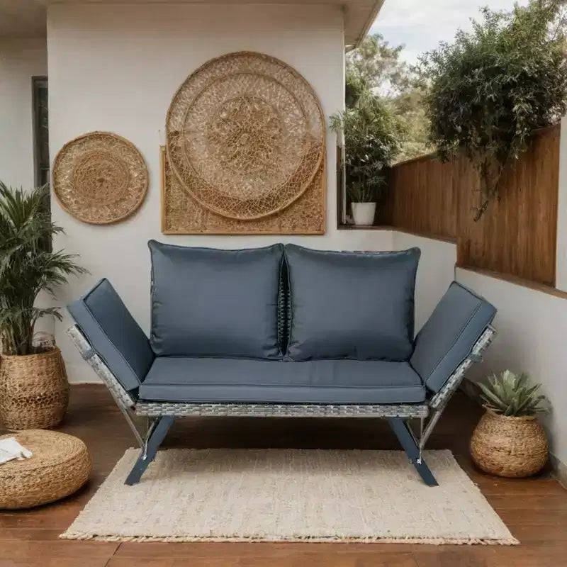 Banc extérieur pliable GDFStudio Duri moderne en acier et osier avec coussin