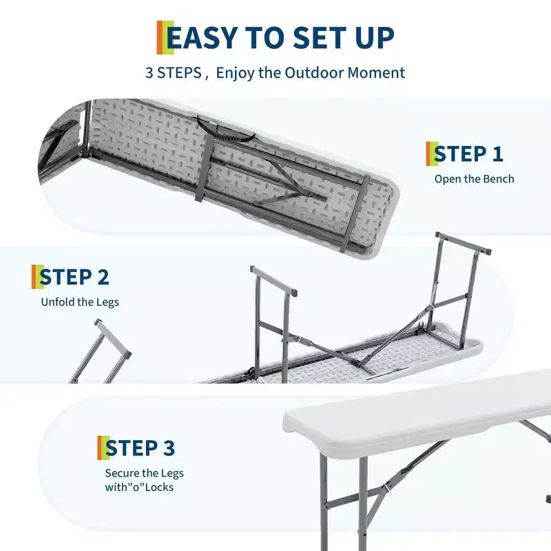 Lot de 2 bancs pliants de 1,8 m, banc de pique-nique portable avec plateau en PEHD robuste et cadre en acier, banc de camping pliable en deux avec poignée de transport