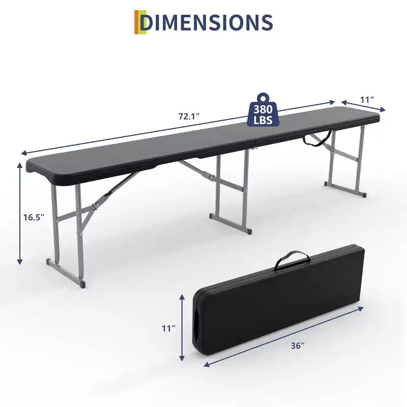 Lot de 2 bancs pliants de 1,8 m, banc de pique-nique portable avec plateau en PEHD robuste et cadre en acier, banc de camping pliable en deux avec poignée de transport