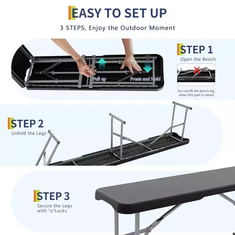 Lot de 2 bancs pliants de 1,8 m, banc de pique-nique portable avec plateau en PEHD robuste et cadre en acier, banc de camping pliable en deux avec poignée de transport