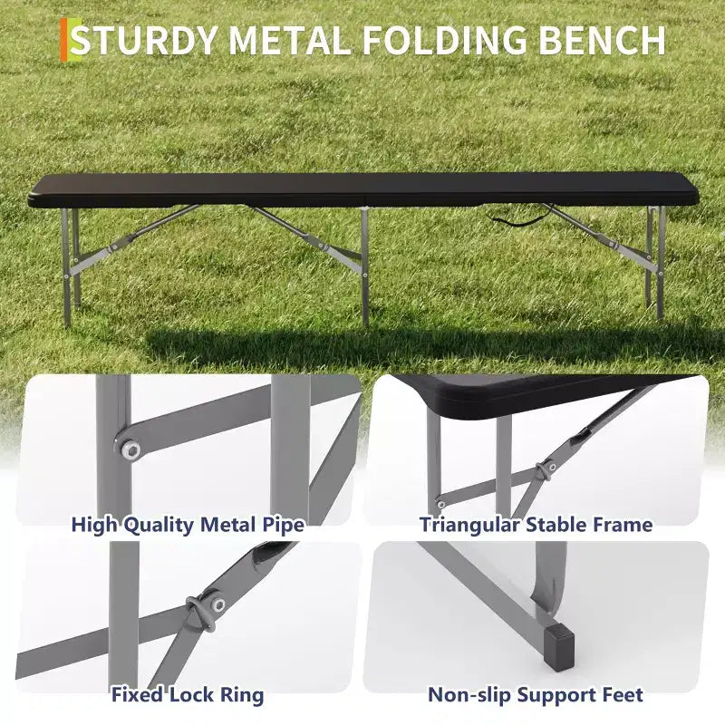 Lot de 2 bancs pliants de 1,8 m, banc de pique-nique portable avec plateau en PEHD robuste et cadre en acier, banc de camping pliable en deux avec poignée de transport