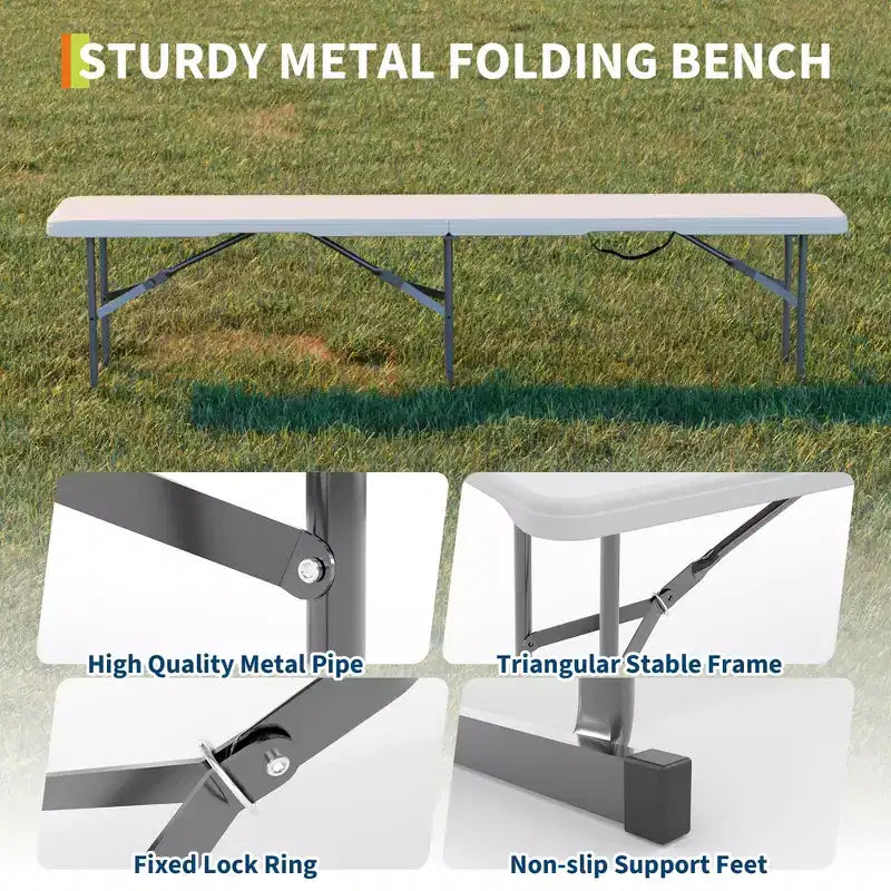 Lot de 2 bancs pliants de 1,8 m, banc de pique-nique portable avec plateau en PEHD robuste et cadre en acier, banc de camping pliable en deux avec poignée de transport