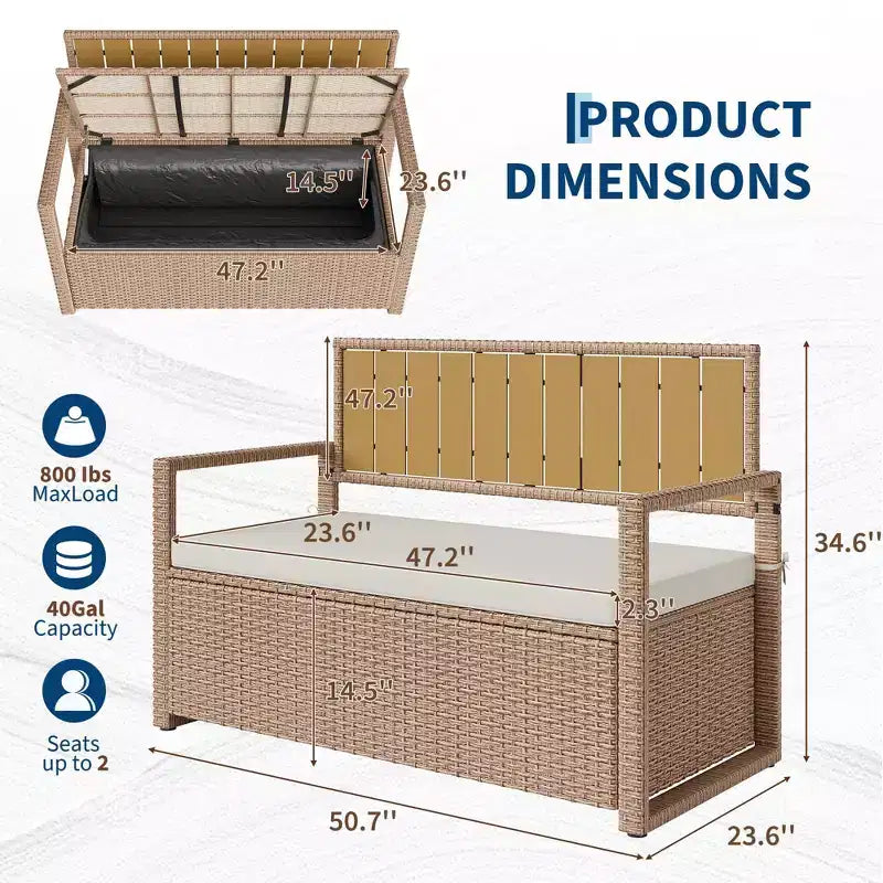 Banc de rangement extérieur 2 places avec coussin, coffre de pont en rotin PE imperméable, dossier et accoudoirs, cadre en métal pour jardin, balcon, porche, piscine