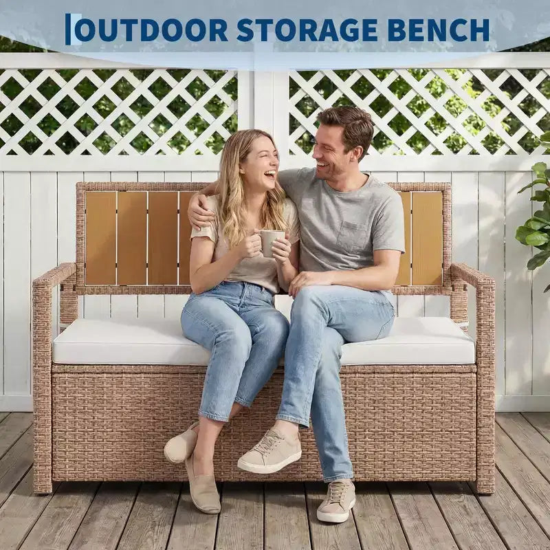 Banc de rangement extérieur 2 places avec coussin, coffre de pont en rotin PE imperméable, dossier et accoudoirs, cadre en métal pour jardin, balcon, porche, piscine