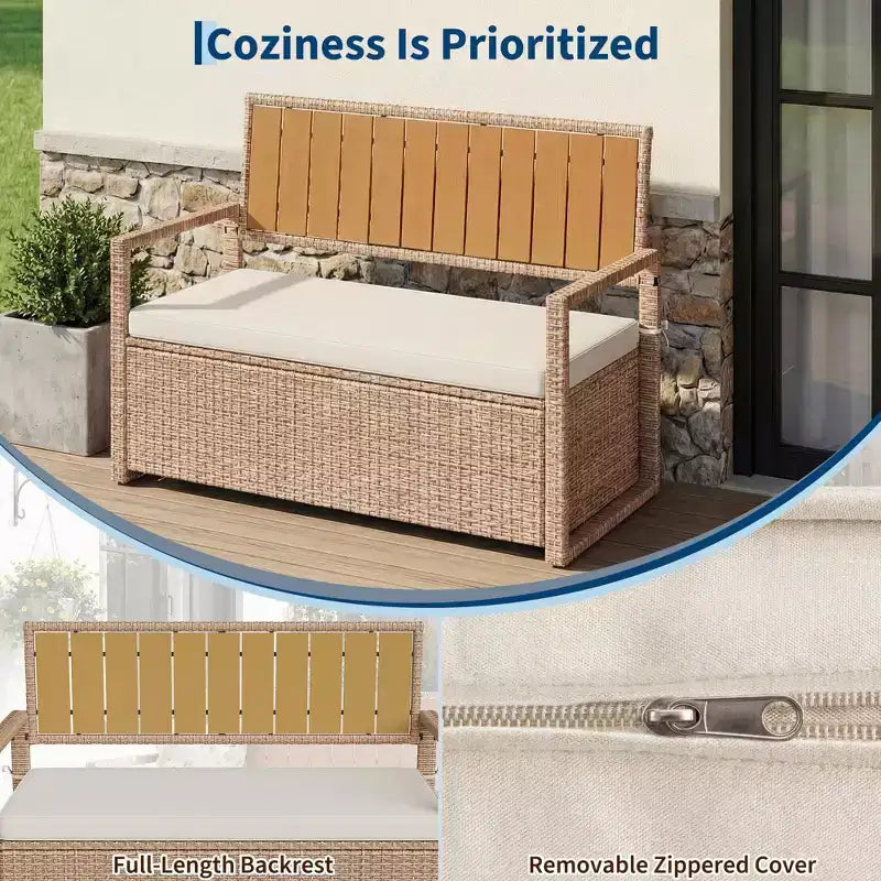 Banc de rangement extérieur 2 places avec coussin, coffre de pont en rotin PE imperméable, dossier et accoudoirs, cadre en métal pour jardin, balcon, porche, piscine
