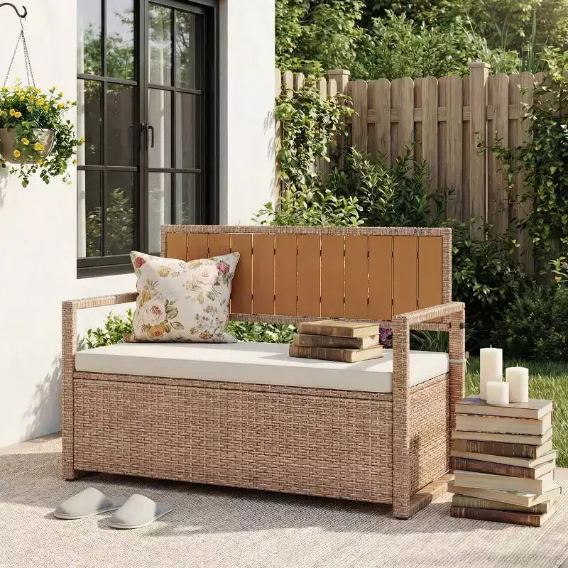 Banc de rangement extérieur 2 places avec coussin, coffre de pont en rotin PE imperméable, dossier et accoudoirs, cadre en métal pour jardin, balcon, porche, piscine