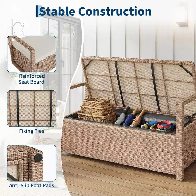 Banc de rangement extérieur 2 places avec coussin, coffre de pont en rotin PE imperméable, dossier et accoudoirs, cadre en métal pour jardin, balcon, porche, piscine