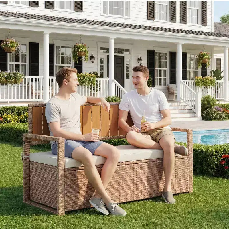 Banc de rangement extérieur 2 places avec coussin, coffre de pont en rotin PE imperméable, dossier et accoudoirs, cadre en métal pour jardin, balcon, porche, piscine