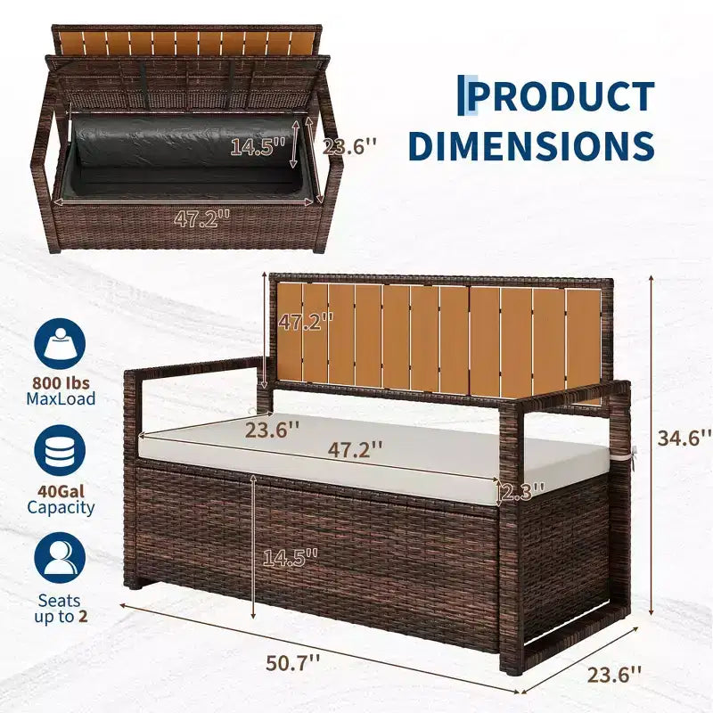 Banc de rangement extérieur 2 places avec coussin, coffre de pont en rotin PE imperméable, dossier et accoudoirs, cadre en métal pour jardin, balcon, porche, piscine