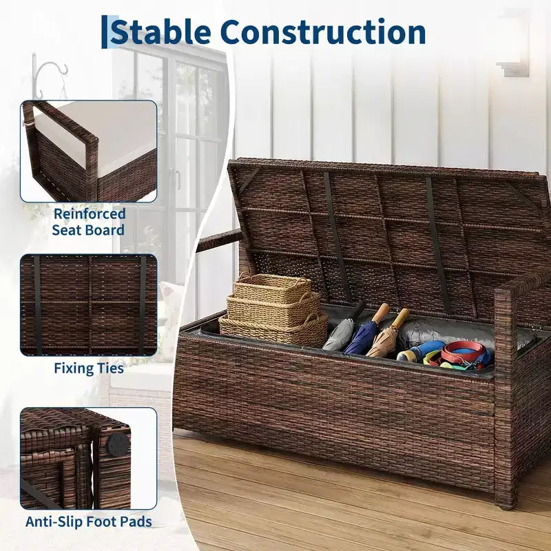 Banc de rangement extérieur 2 places avec coussin, coffre de pont en rotin PE imperméable, dossier et accoudoirs, cadre en métal pour jardin, balcon, porche, piscine