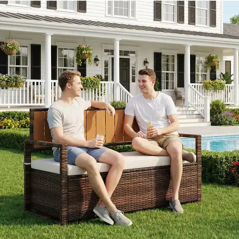 Banc de rangement extérieur 2 places avec coussin, coffre de pont en rotin PE imperméable, dossier et accoudoirs, cadre en métal pour jardin, balcon, porche, piscine