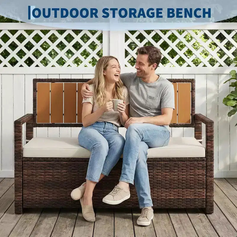 Banc de rangement extérieur 2 places avec coussin, coffre de pont en rotin PE imperméable, dossier et accoudoirs, cadre en métal pour jardin, balcon, porche, piscine
