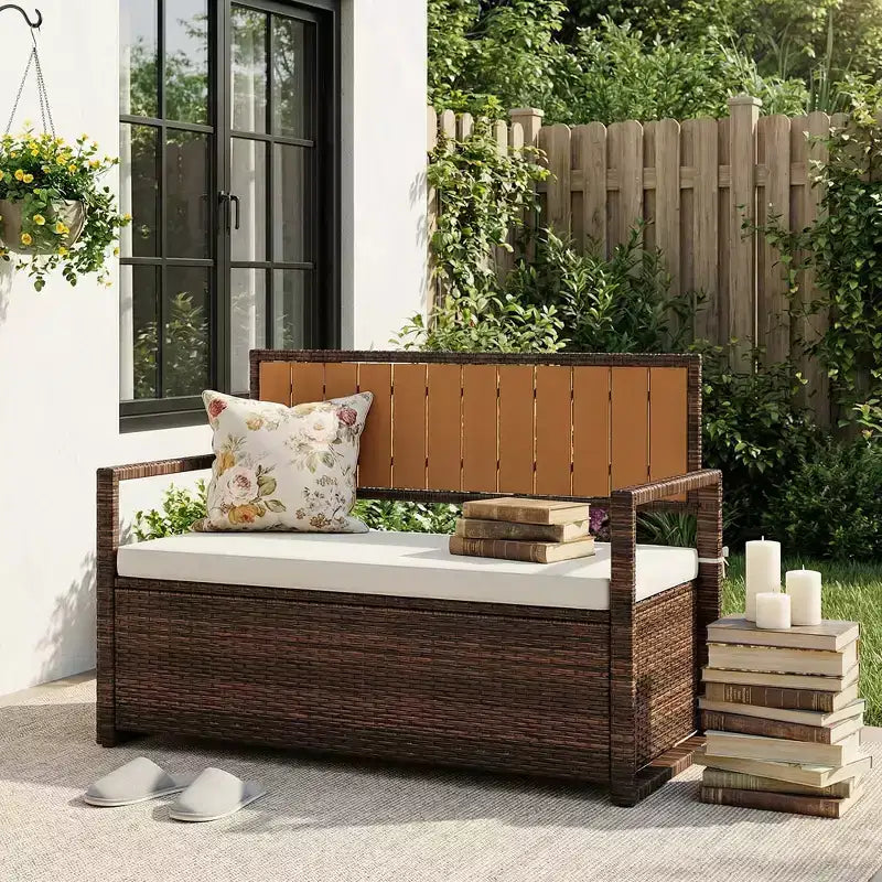 Banc de rangement extérieur 2 places avec coussin, coffre de pont en rotin PE imperméable, dossier et accoudoirs, cadre en métal pour jardin, balcon, porche, piscine
