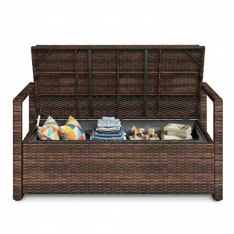 Banc de rangement extérieur 2 places avec coussin, coffre de pont en rotin PE imperméable, dossier et accoudoirs, cadre en métal pour jardin, balcon, porche, piscine