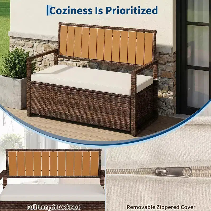 Banc de rangement extérieur 2 places avec coussin, coffre de pont en rotin PE imperméable, dossier et accoudoirs, cadre en métal pour jardin, balcon, porche, piscine
