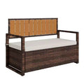 2-Person Outdoor Storage Bench with Cushion  Waterproof PE Rattan Deck Box  Backrest & Armrests  Metal Frame for Garden, Balcony, Porch, Pool