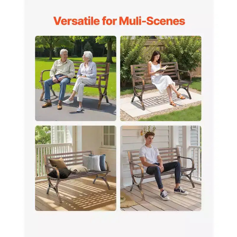 Banc de jardin Rashid GDFStudio en métal moderne avec accoudoirs et dossier à lattes