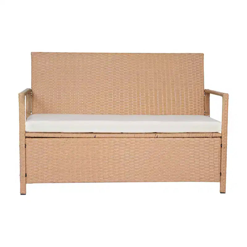 Banc de rangement extérieur GDFStudio Abimbola moderne en métal et rotin PE avec dossier et accoudoirs