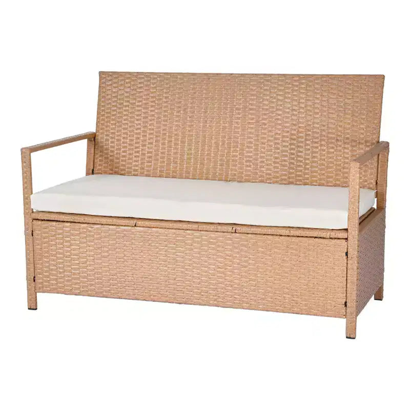 Banc de rangement extérieur GDFStudio Abimbola moderne en métal et rotin PE avec dossier et accoudoirs
