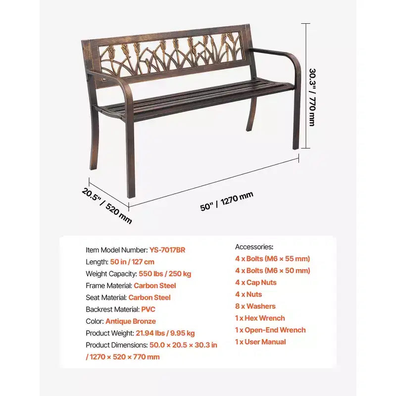 Banc de jardin GDFStudio Daiki moderne en acier avec dossier floral en PVC et accoudoirs à bords arrondis