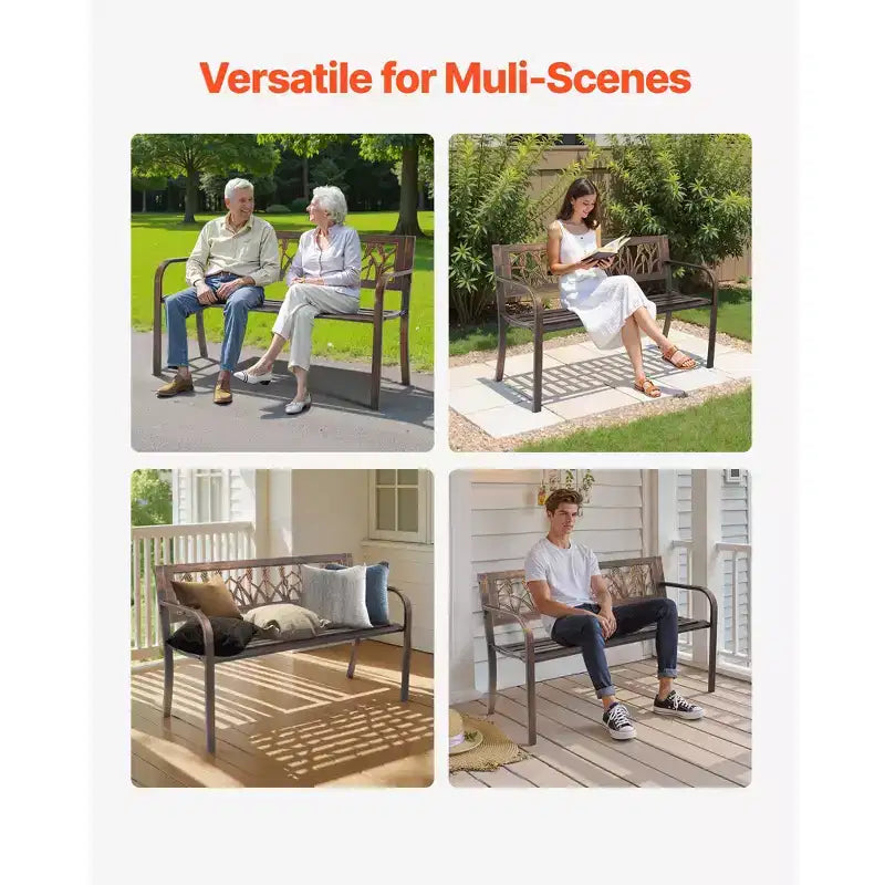 Banc de jardin GDFStudio Daiki moderne en acier avec dossier floral en PVC et accoudoirs à bords arrondis
