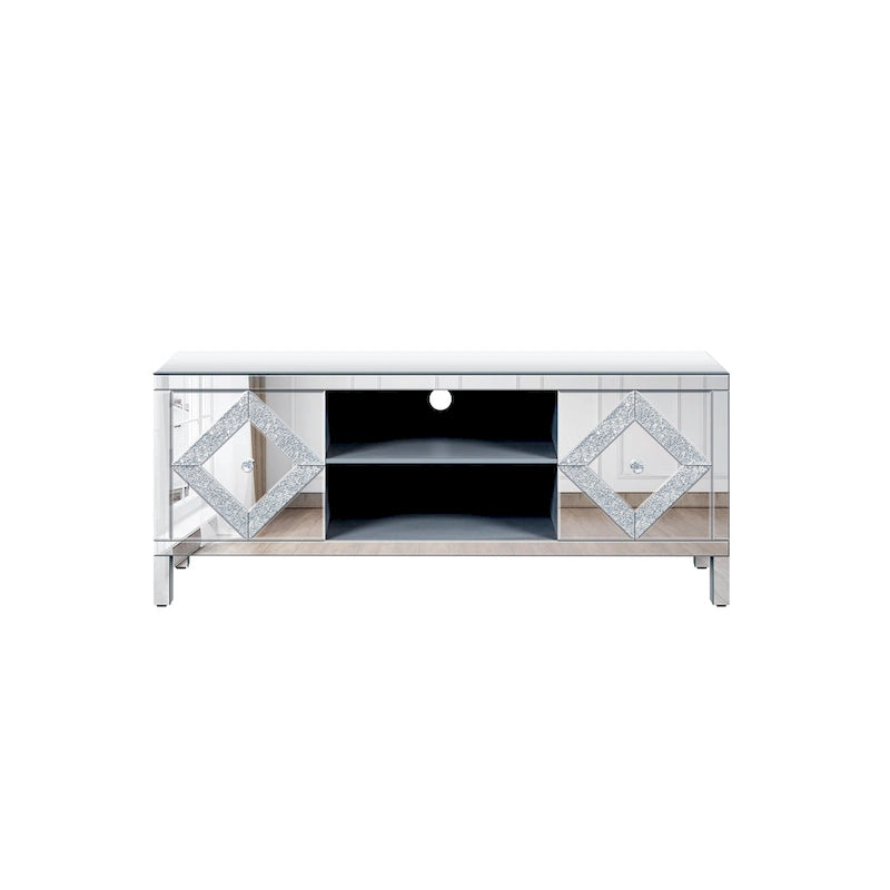 Meuble TV de 150 cm avec portes miroir en losange et rangement pour téléviseurs jusqu'à 65 pouces