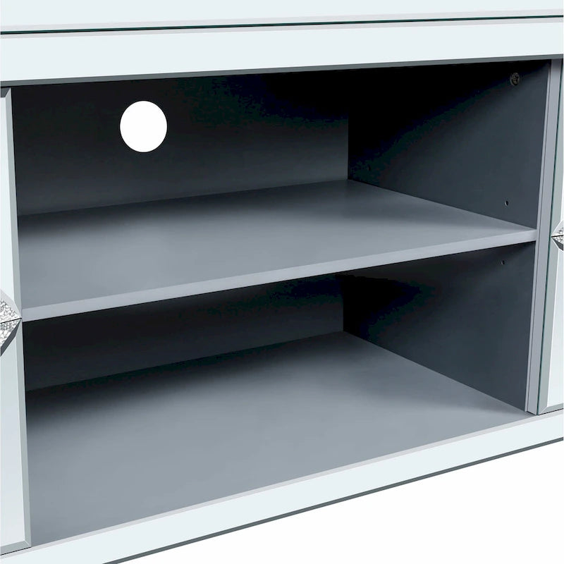Meuble TV de 150 cm avec portes miroir en losange et rangement pour téléviseurs jusqu'à 65 pouces