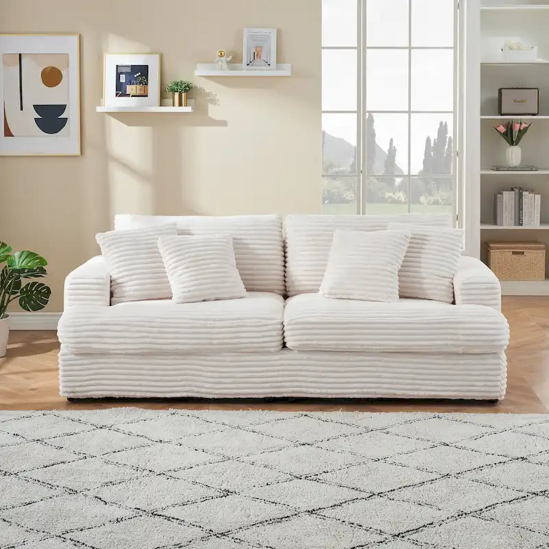 Canapé 3 places en velours côtelé blanc 79,3 avec 4 coussins décoratifs, coussin à ressorts