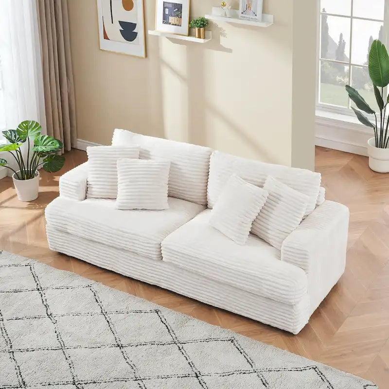Canapé 3 places en velours côtelé blanc 79,3 avec 4 coussins décoratifs, coussin à ressorts