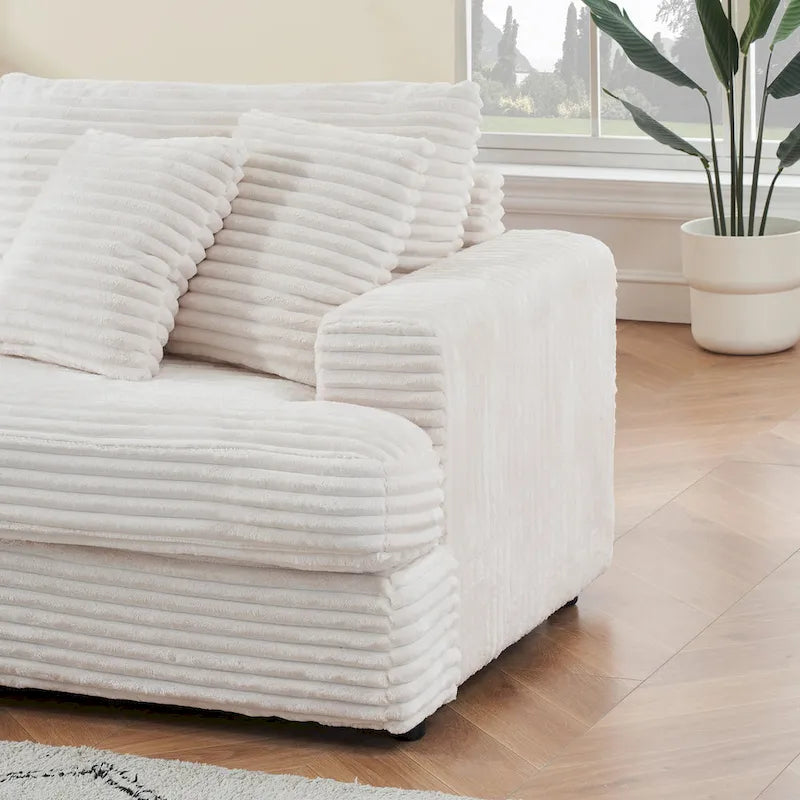 Canapé 3 places en velours côtelé blanc 79,3 avec 4 coussins décoratifs, coussin à ressorts