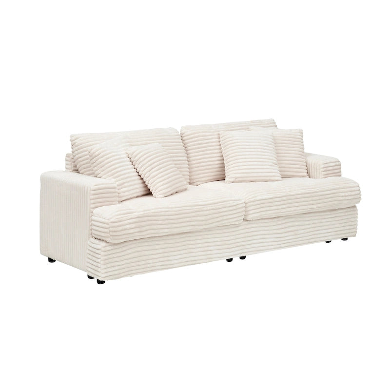 Canapé 3 places en velours côtelé blanc 79,3 avec 4 coussins décoratifs, coussin à ressorts