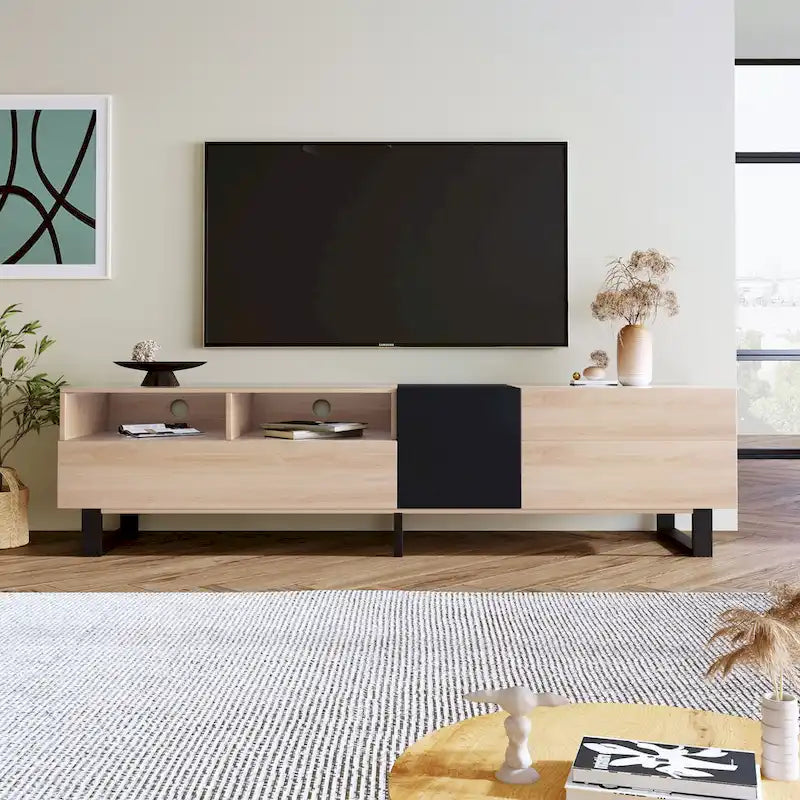 Meuble TV 70,9 po avec double espace de rangement pour téléviseurs de 80 po, en noir et bois naturel