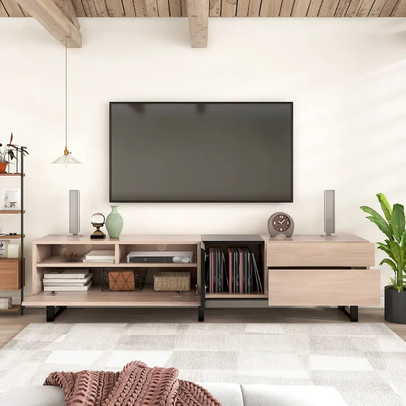 Meuble TV 70,9 po avec double espace de rangement pour téléviseurs de 80 po, en noir et bois naturel