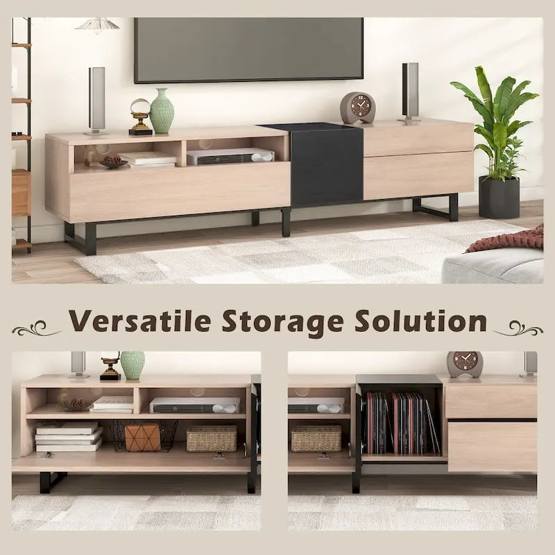 Meuble TV 70,9 po avec double espace de rangement pour téléviseurs de 80 po, en noir et bois naturel