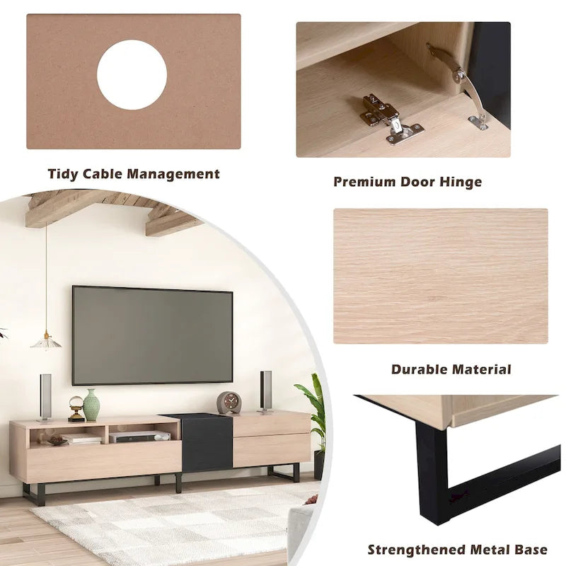 Meuble TV 70,9 po avec double espace de rangement pour téléviseurs de 80 po, en noir et bois naturel