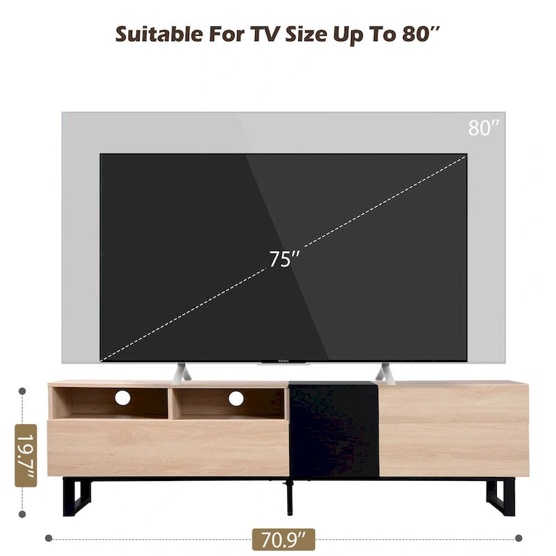 Meuble TV 70,9 po avec double espace de rangement pour téléviseurs de 80 po, en noir et bois naturel