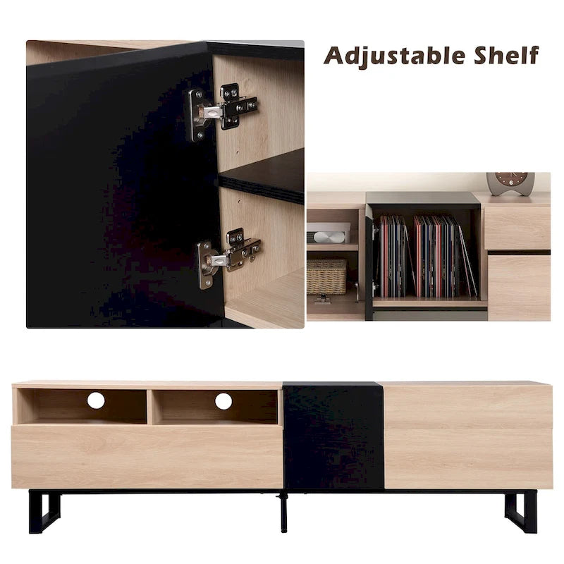 Meuble TV 70,9 po avec double espace de rangement pour téléviseurs de 80 po, en noir et bois naturel