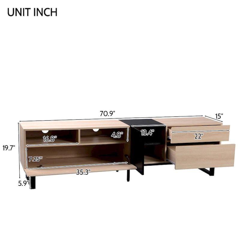 Meuble TV 70,9 po avec double espace de rangement pour téléviseurs de 80 po, en noir et bois naturel