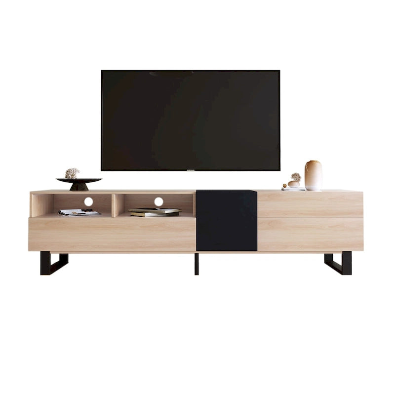 Meuble TV 70,9 po avec double espace de rangement pour téléviseurs de 80 po, en noir et bois naturel