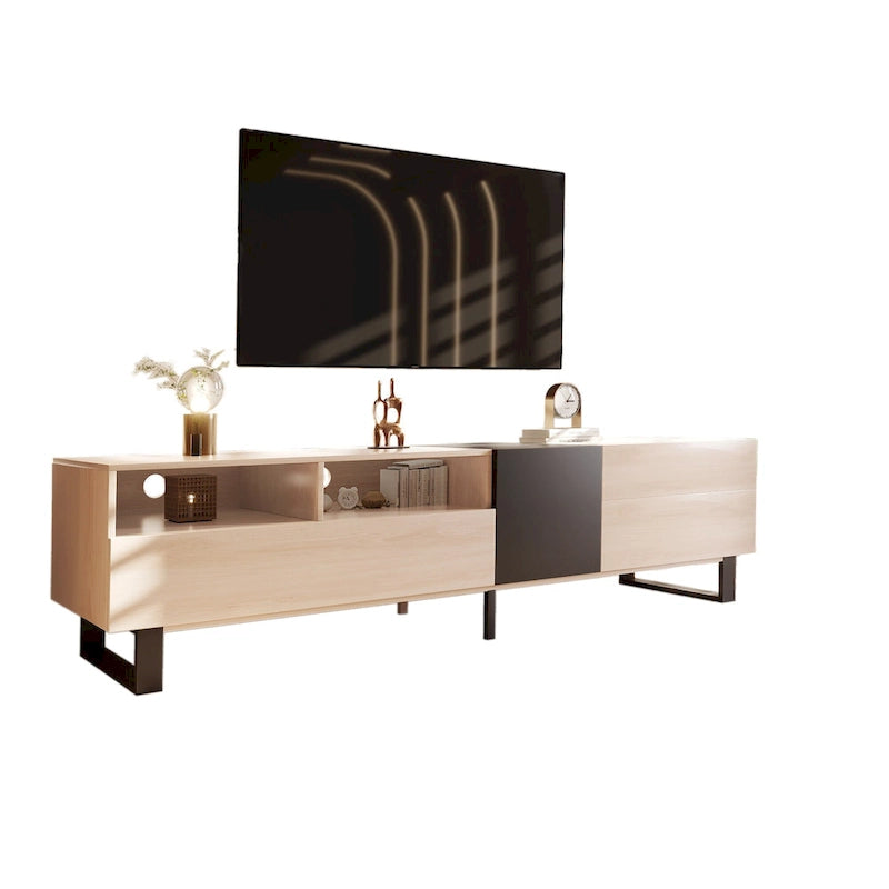 Meuble TV 70,9 po avec double espace de rangement pour téléviseurs de 80 po, en noir et bois naturel