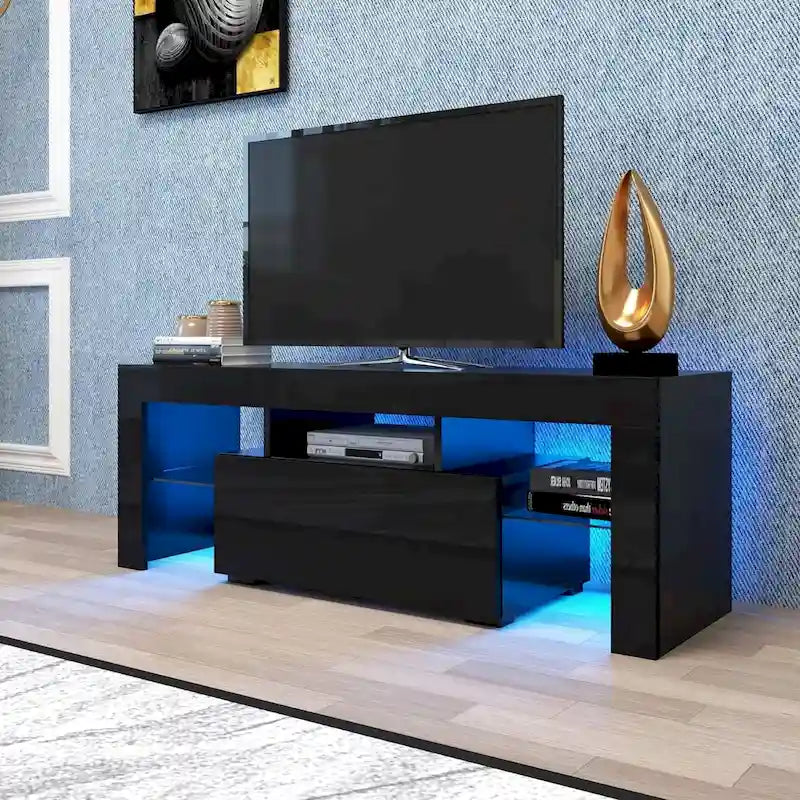 Meuble TV de 130 cm avec porte abattante et étagère en verre pour téléviseurs de 55 po